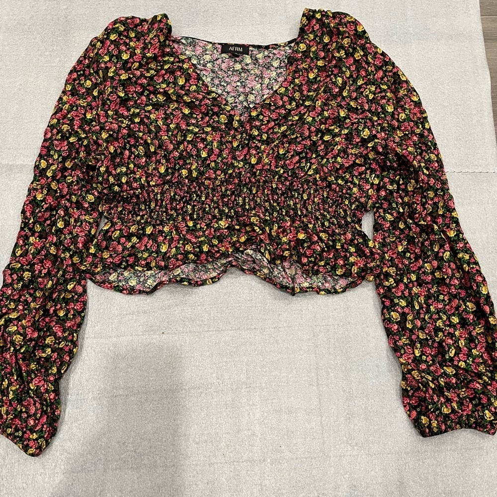 [L]AFRM Women's Floral Smocked Blouse Black and Pink LS
